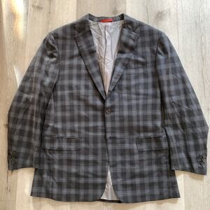 Isaia Napoli Mens Plaid Sport Coat Blazer Charcoal Gray Blue Wool‎ Two Button